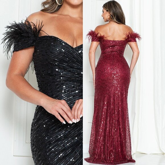 Burgundy Red Off the Shoulder Sequin & Feather Formal Prom Evening Dress - Picture 5 of 6